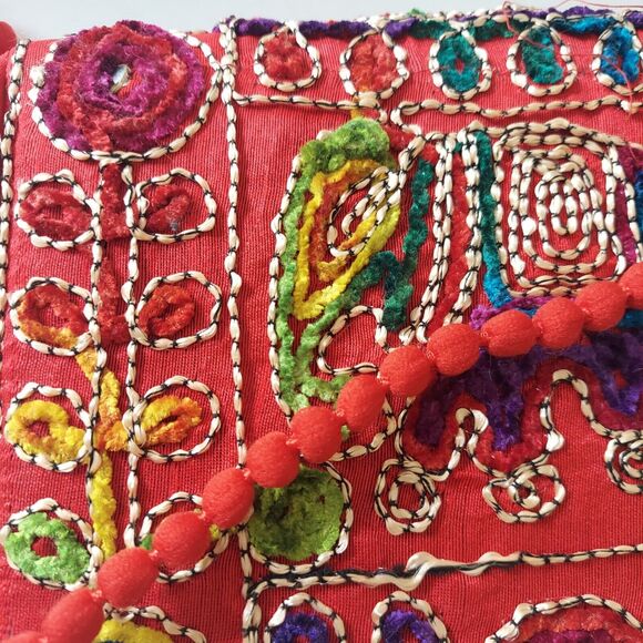 Embroidered Crewel Red Purse Envelope Clutch Crossbody Bag Boho Fiesta India - Picture 11 of 11